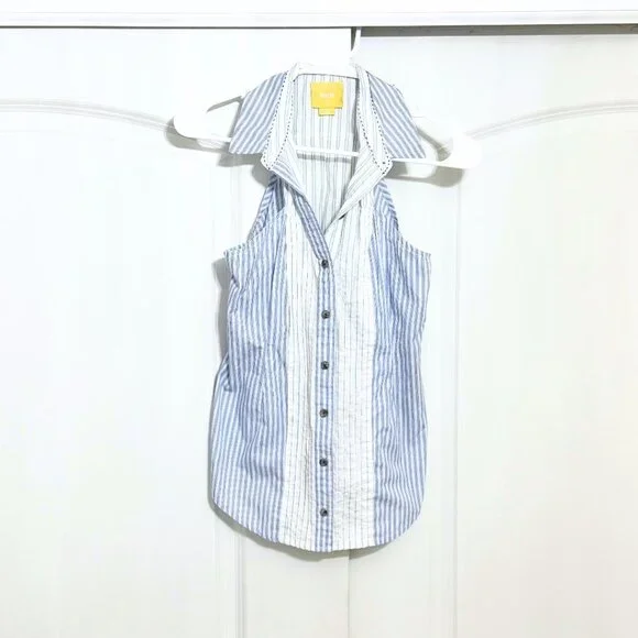 Maeve Blue, White Pinstriped Sleeveless Button-Down Top Blouse w/Collar, 0 - Picture 4 of 8